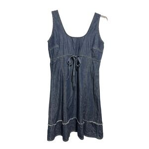 Old Navy Denim Dress Women 12 Blue Empire Waist Tie Front Raw Hem SPR'07 Vintage